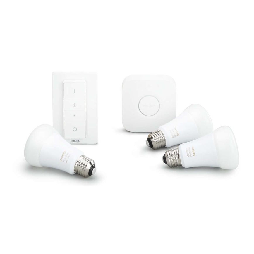 Philips Hue Startpakke White 3x E27/9W 2700K + Hue Bridge og Dimmer Switch