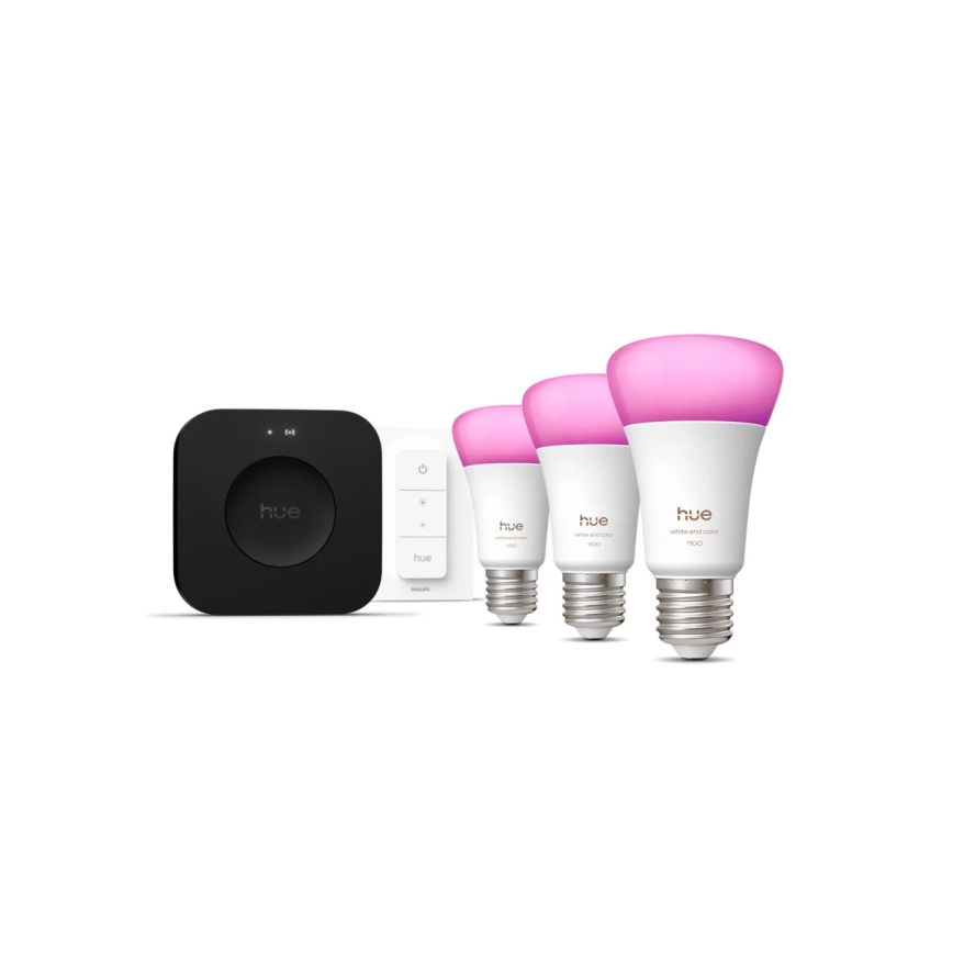 Startpakke Philips Hue WHITE AND COLOR AMBIANCE 3xE27/8,1W 1000-20000K + Hue Bridge og dimmer switch