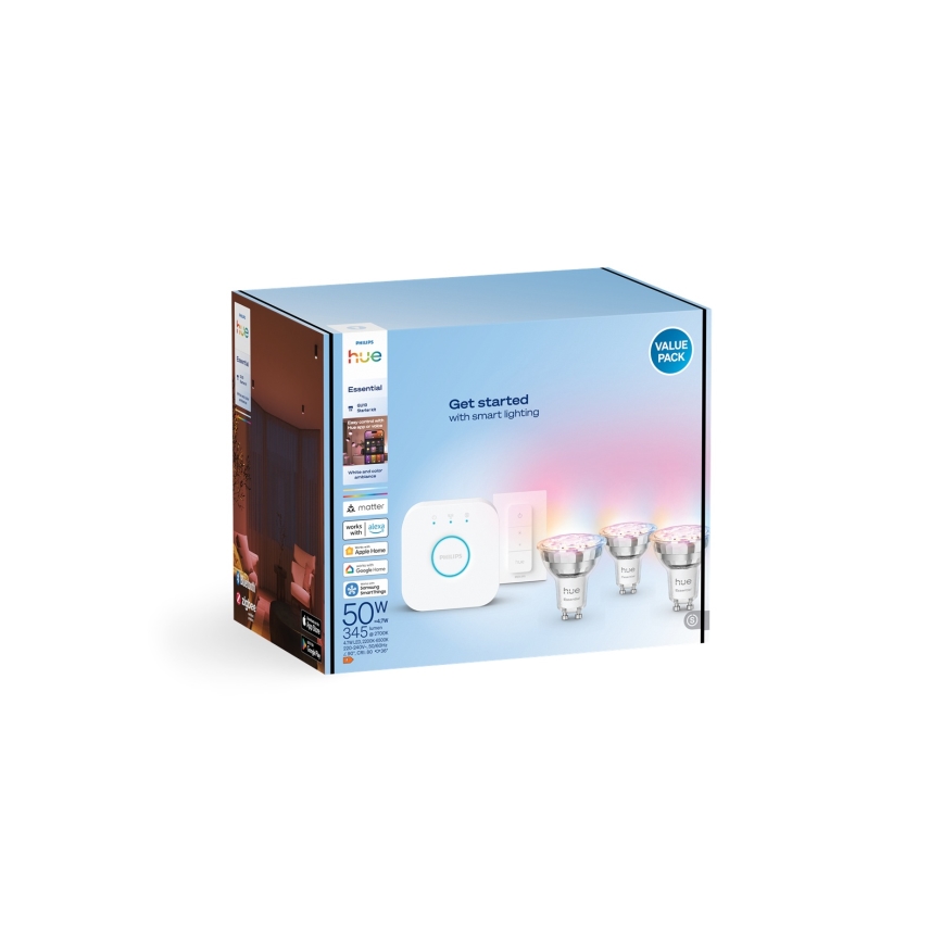 Startpakke Philips Hue White And Color Ambiance Essential 3xGU10/4,7W/230V 2200-6500K + Hue Bridge