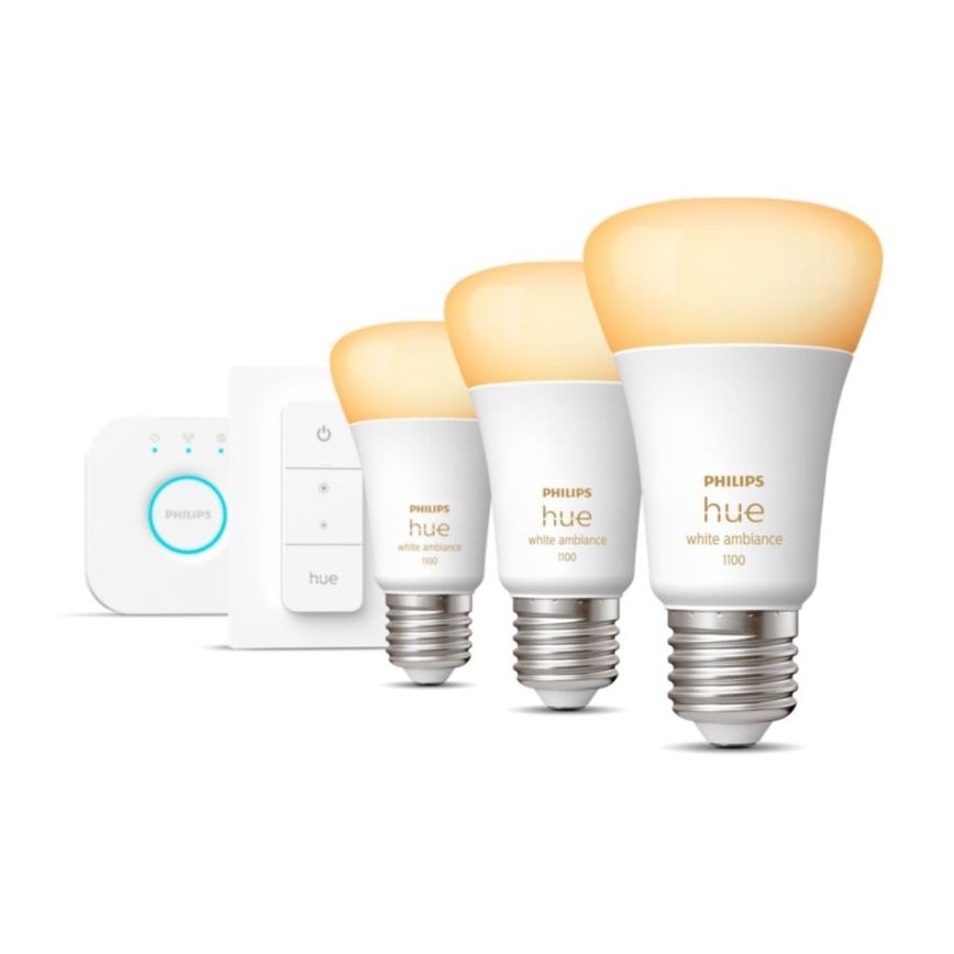 Philips Hue White Ambiance startpakke 3x E27/11W 2200-6500K + Hue Bridge og Dimmer Switch