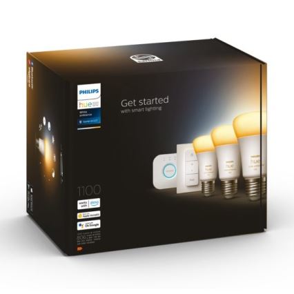 Philips Hue White Ambiance startpakke 3x E27/11W 2200-6500K + Hue Bridge og Dimmer Switch
