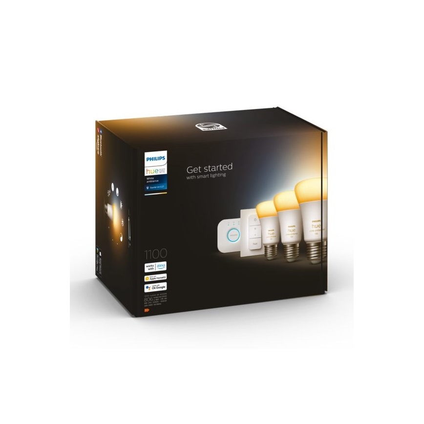 Philips Hue White Ambiance startpakke 3x E27/11W 2200-6500K + Hue Bridge og Dimmer Switch