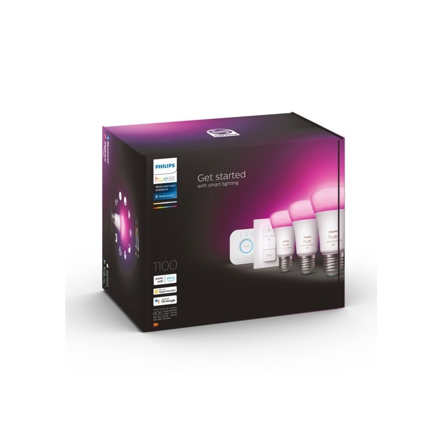 Startpakke Philips Hue WHITE AND COLOR AMBIANCE 3xE27/9W 2000-6500K + Hue Bridge og Dimmer Switch