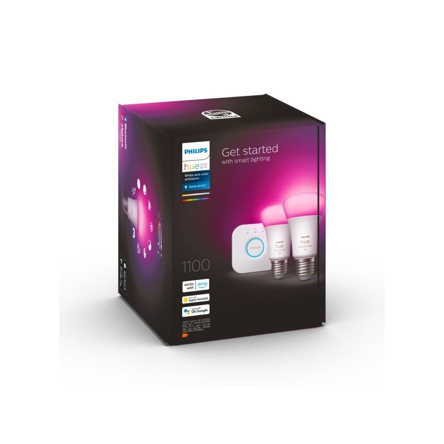 Startpakke Philips Hue WHITE AND COLOR AMBIANCE 2xE27/9W/230V 2000-6500K + Hue Bridge
