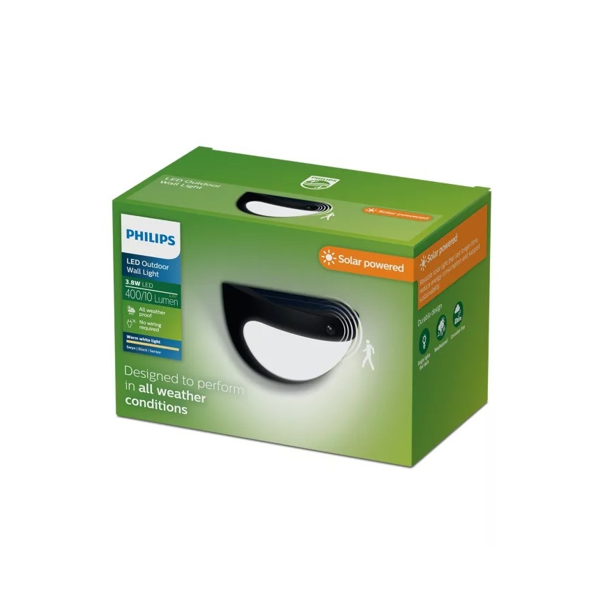 Philips - LED solcelle-væglampe med sensor SWYN LED/3,8W/3,7V 800 mAh 2700K IP44 sort