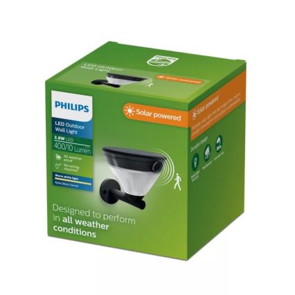 Philips - LED solcellevæglampe med sensor KYNA LED/3,8W/3,7V 800 mAh 2700K IP44 sort