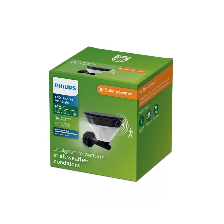 Philips - LED solcellevæglampe med sensor KYNA LED/3,8W/3,7V 800 mAh 2700K IP44 sort