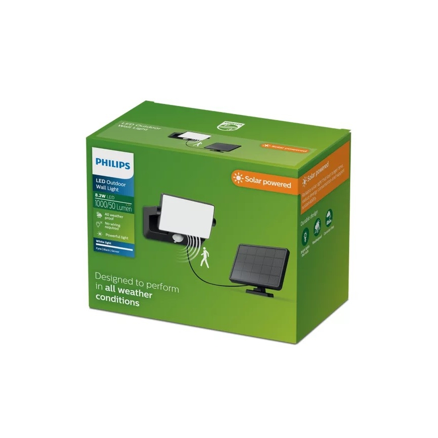 Philips - LED solcelledrevet vægprojektør med sensor FYNS LED/8,2W/3,7V 2600 mAh 3000K IP44 sort