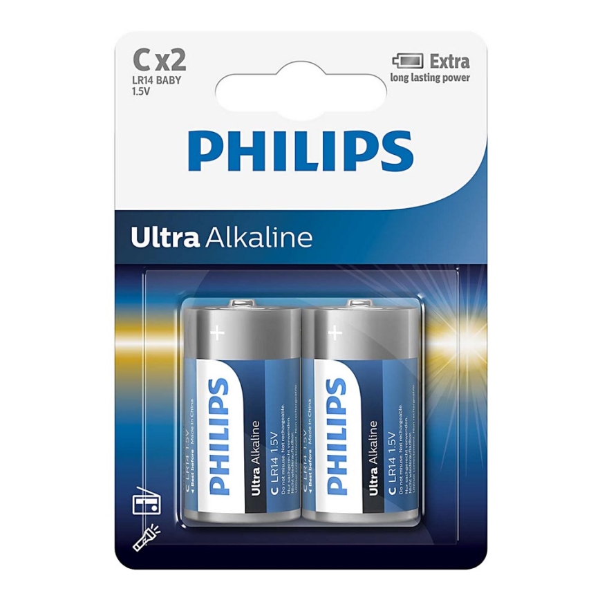 Philips LR14E2B/10 - 2 stk Alkaline batterier C ULTRA ALKALINE 1,5V 7500mAh
