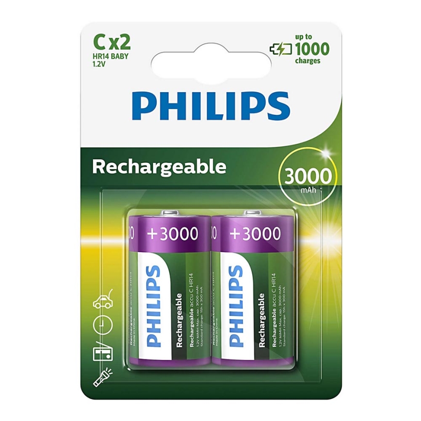 Philips R14B2A300/10 - 2 stk. Genopladeligt batteri C MULTILIFE NiMH/1,2V/3000 mAh