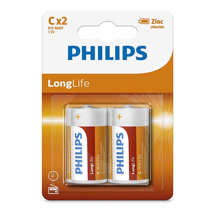 Philips R14L2B/10 - 2 stk. Zinkklorid batteri C LONGLIFE 1,5V 2800mAh