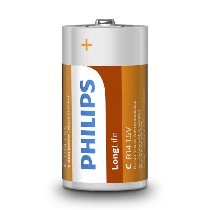 Philips R14L2B/10 - 2 stk. Zinkklorid batteri C LONGLIFE 1,5V 2800mAh