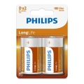 Philips R20L2B/10 - 2 stk. Zinkchlorid batteri D LONGLIFE 1,5V 5000mAh