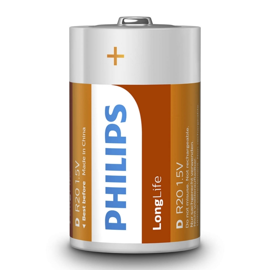 Philips R20L2B/10 - 2 stk. Zinkchlorid batteri D LONGLIFE 1,5V 5000mAh