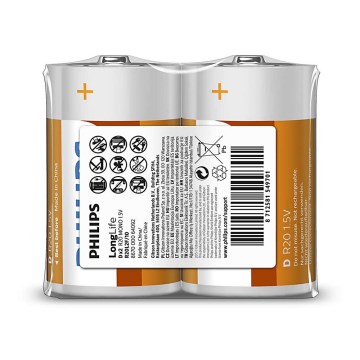 Philips R20L2F/10 - 2 stk. Zinkchlorid batteri D LONGLIFE 1,5V 5000mAh