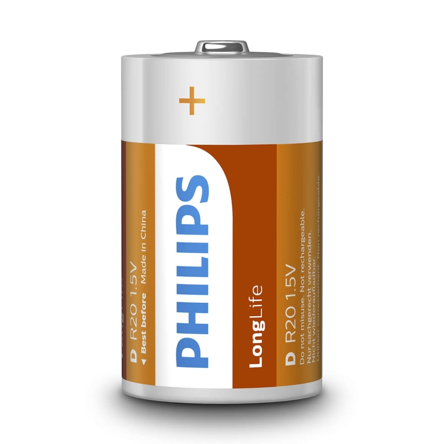 Philips R20L2F/10 - 2 stk. Zinkchlorid batteri D LONGLIFE 1,5V 5000mAh