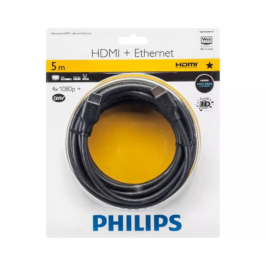 Philips SWV2434W/10 - HDMI-kabel med Ethernet, HDMI 1.4 A stik 5 m sort
