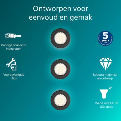 Philips - Sæt med 3 indbygningsspots PERIDOT 1xGU10/7W/230V, sort