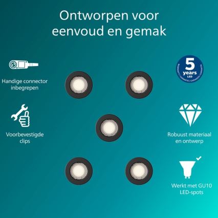 Philips - Sæt med 5 indbygningsspots PERIDOT 1xGU10/7W/230V, sort