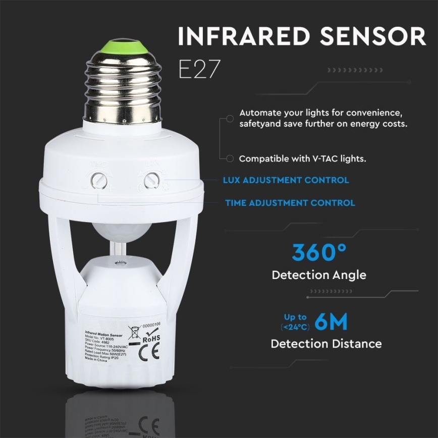 PIR-sensor til E27-pære hvid
