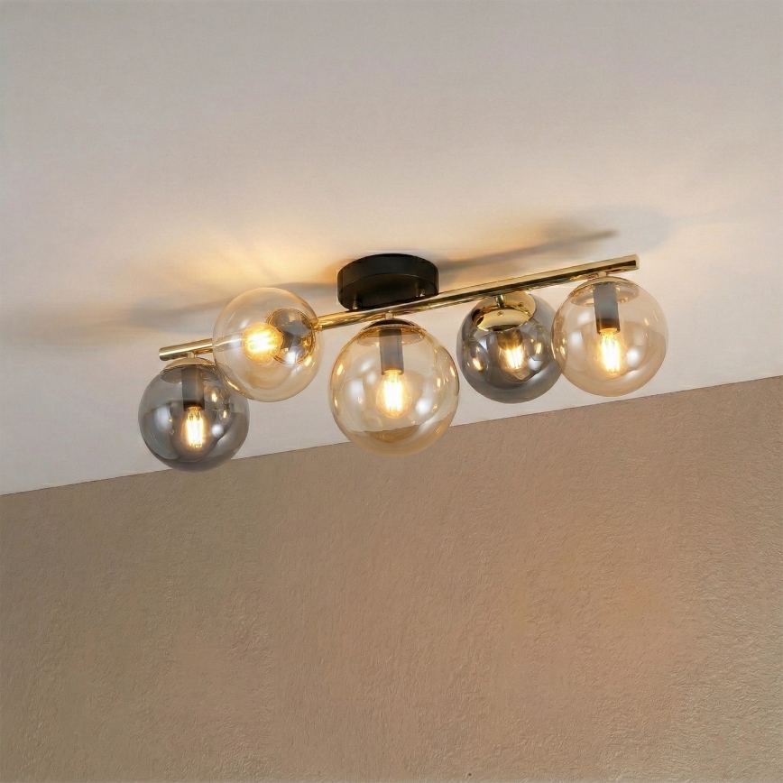 Plafondlampe AURIS 5xE14/15W/230V guldfarvet/røget sort/beige