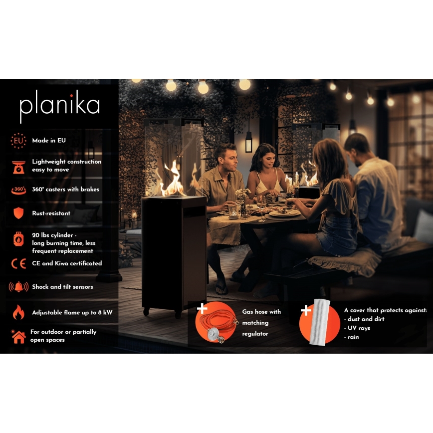 Planika - Udendørs gaspejs 142x36 cm 8kW grå + beskyttelsescover
