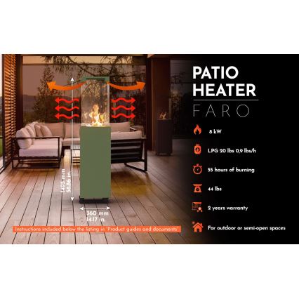 Planika Faro GAS - Udendørs gaspejs 142x36 cm 8kW grøn + beskyttelsescover
