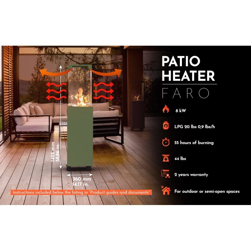 Planika Faro GAS - Udendørs gaspejs 142x36 cm 8kW grøn + beskyttelsescover