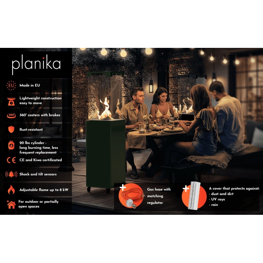 Planika Faro GAS - Udendørs gaspejs 142x36 cm 8kW grøn + beskyttelsescover