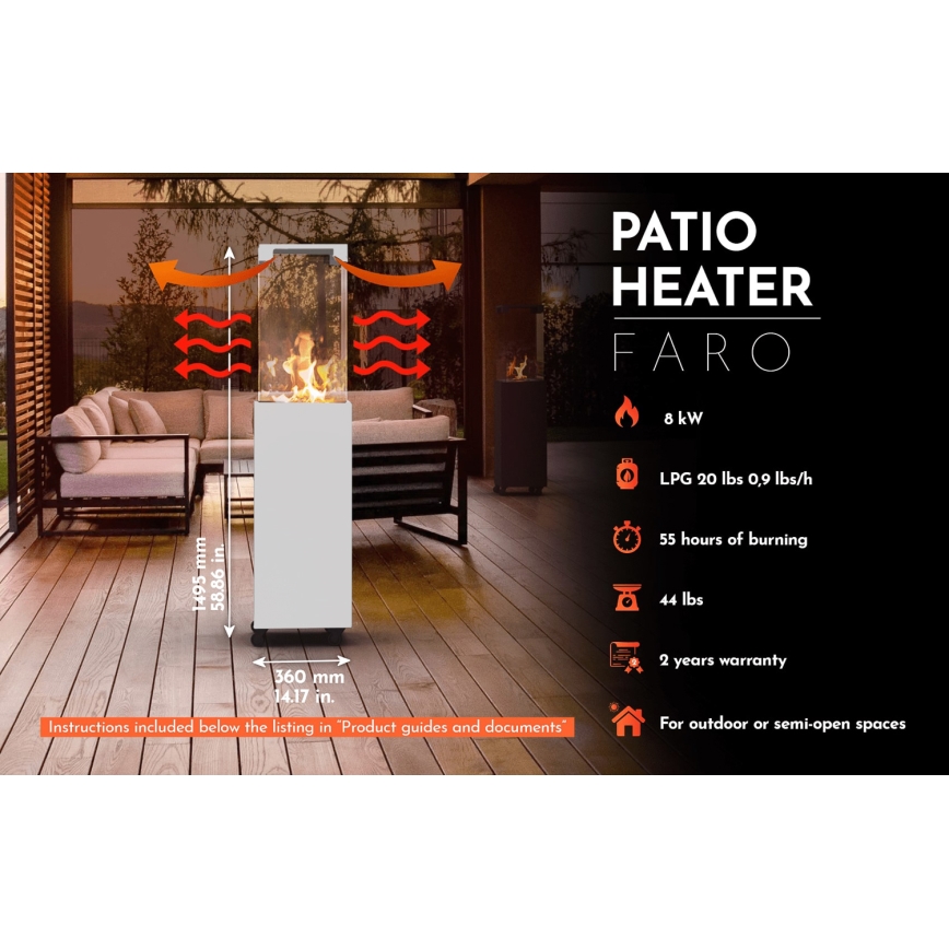 Planika Faro GAS - Udendørs gaspejs 142x36 cm 8kW hvid + beskyttelsescover