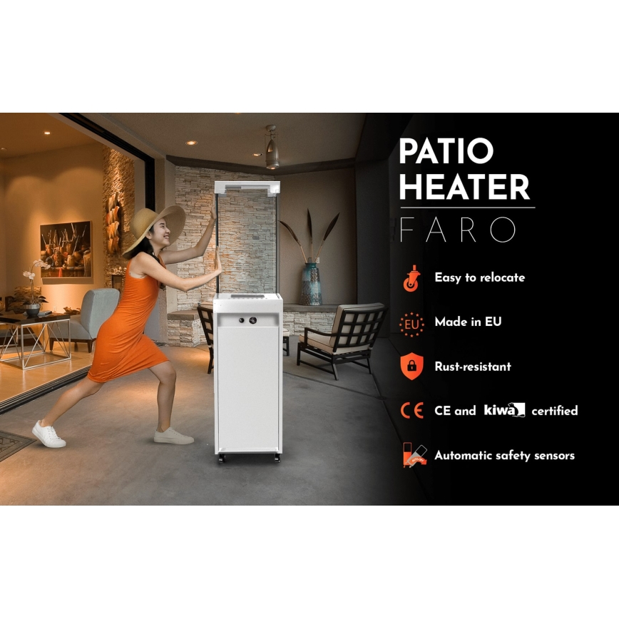 Planika Faro GAS - Udendørs gaspejs 142x36 cm 8kW hvid + beskyttelsescover