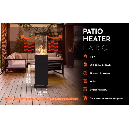 Planika Faro GAS - Udendørs gaspejs 142x36 cm 8kW sort + beskyttelsescover