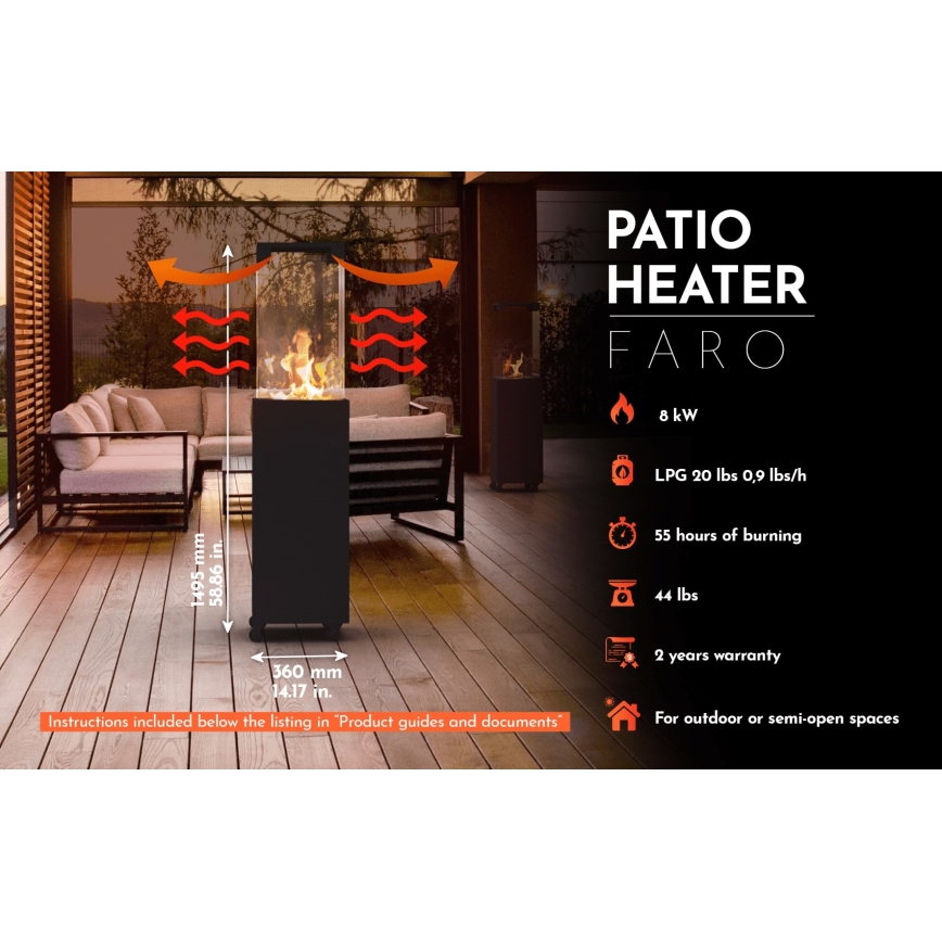 Planika Faro GAS - Udendørs gaspejs 142x36 cm 8kW sort + beskyttelsescover