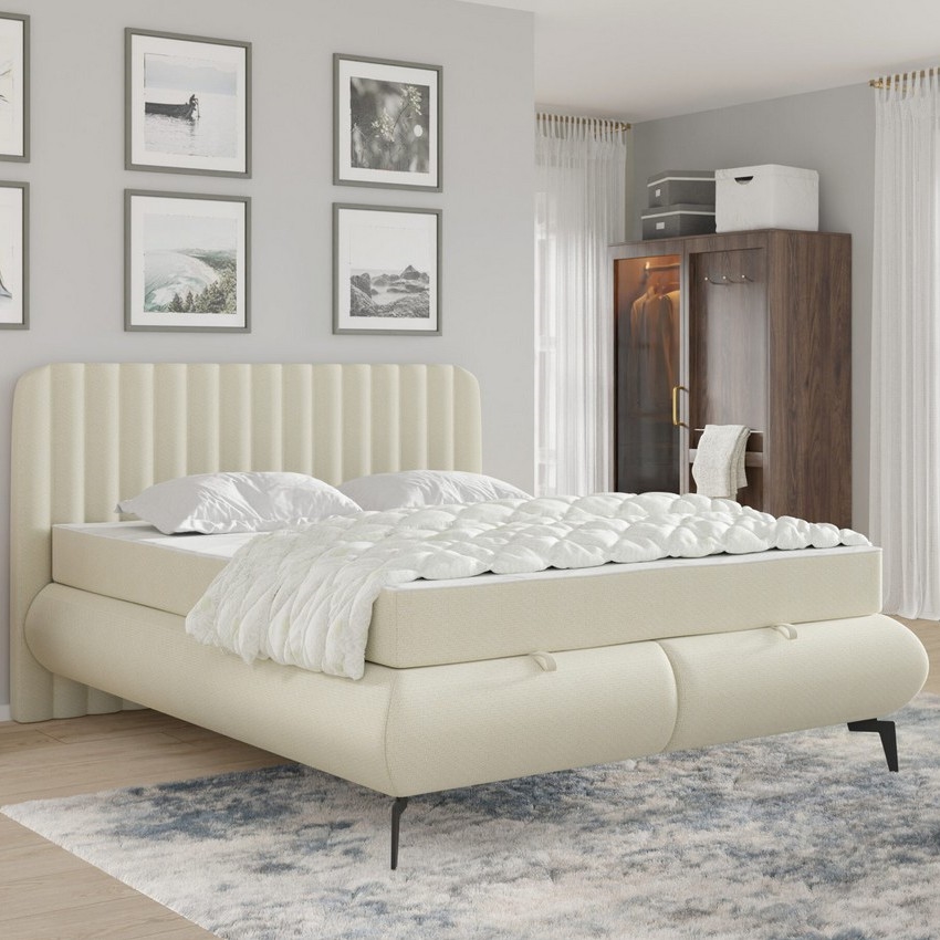 Polstret seng ALEXA 140x200 cm inklusive madrasser og opbevaringsplads, beige