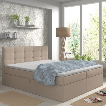 Polstret seng EMBER 160x200 cm med madrasser og topmadras samt opbevaringsplads, beige