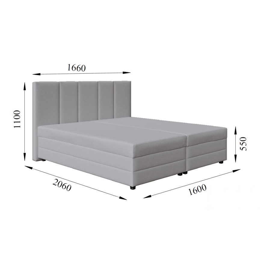 Polstret seng med springmadras og opbevaringsplads ISABEL 160x200 lysegrå