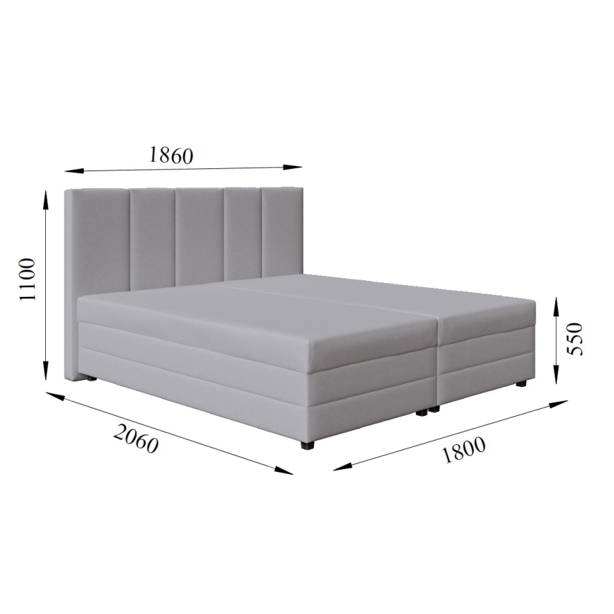 Polstret seng med springmadras og opbevaringsplads ISABEL 180x200 lysegrå