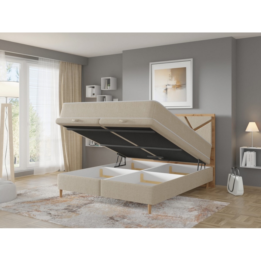 Polstret seng med madras og opbevaringsplads NAOMI 160x200 cm beige