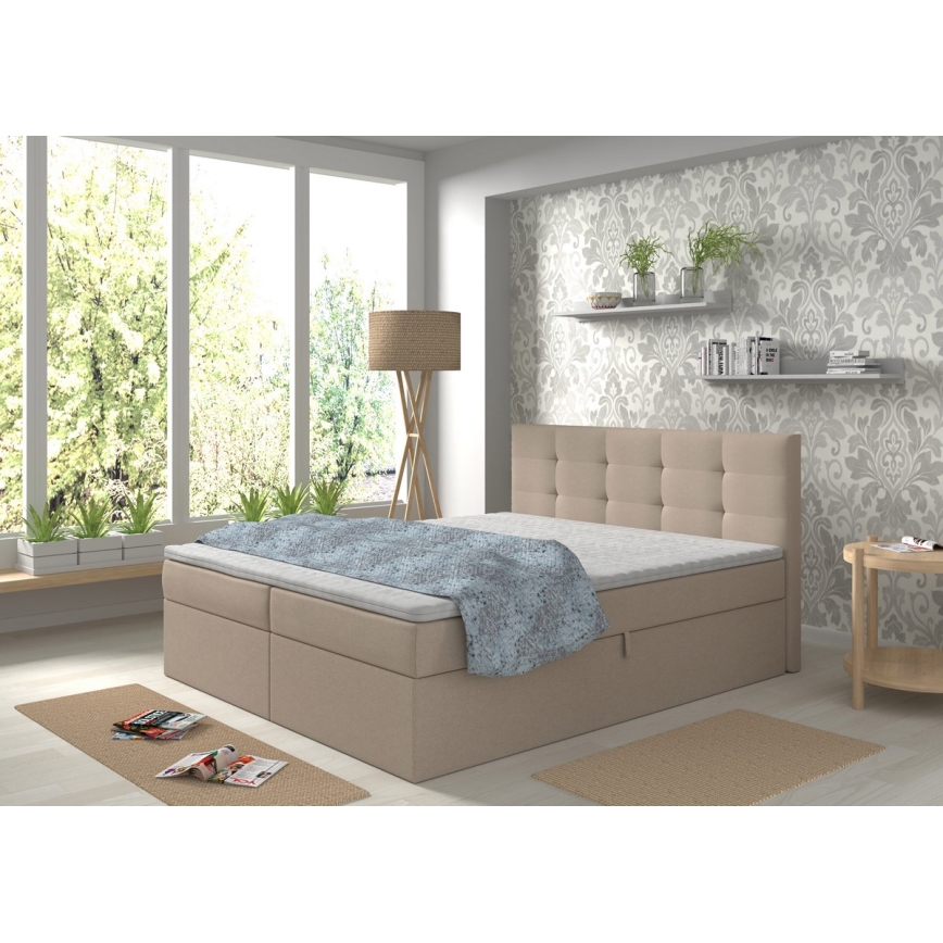 Polstret seng med madras og topmadras med opbevaringsplads EMBER 180x200 cm beige
