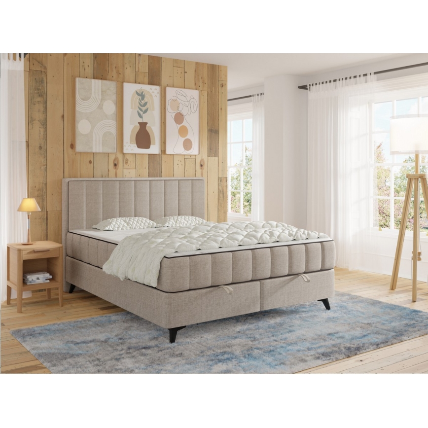 Polstret seng med madrasser og topmadras samt opbevaringsplads ALICIA 140x200 cm beige