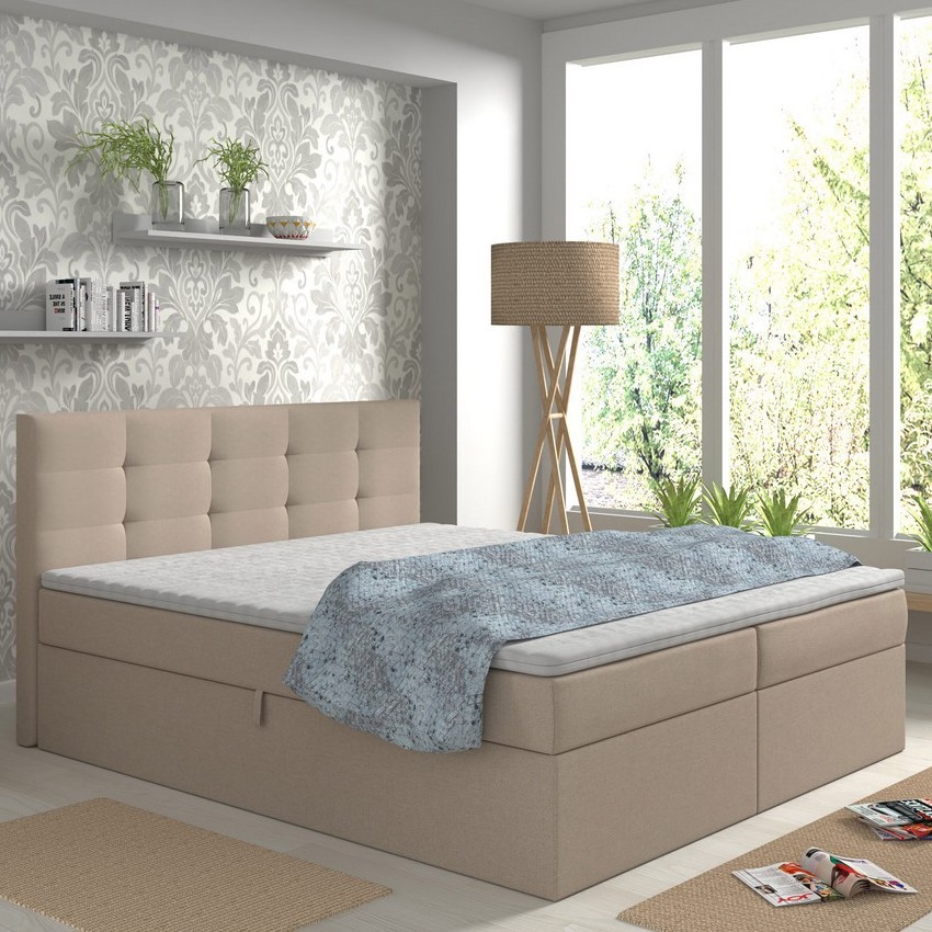 Polstret seng med madrasser og topmadras med opbevaringsplads EMBER 160x200 cm beige