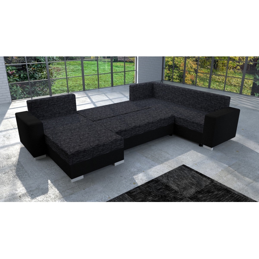 Polstret, universel U-formet udtrækbar sofa YORK, sort/antracit