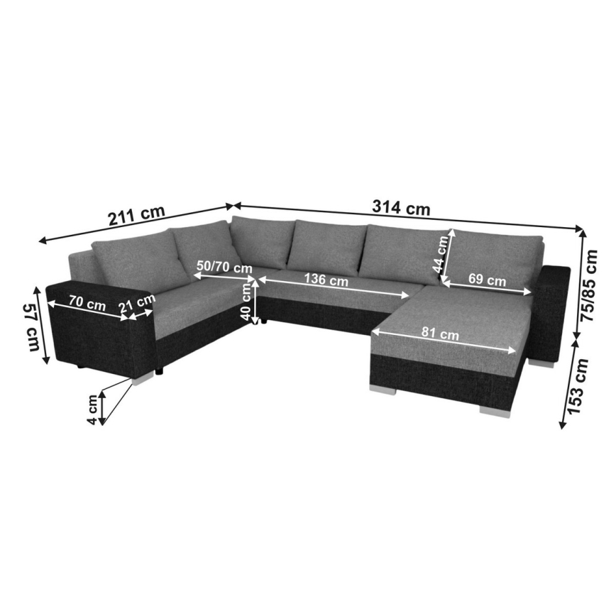 Polstret, universel U-formet udtrækbar sofa YORK, sort/antracit