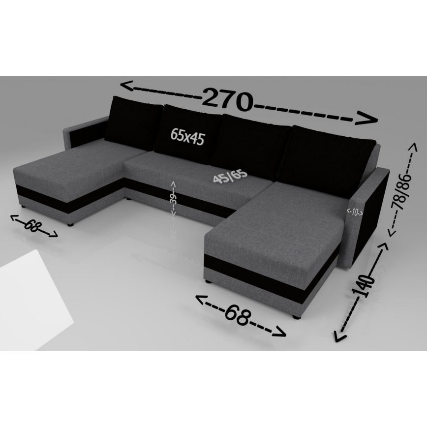 Polstret universel U-sofa med sovefunktion BRISTOL, grå/sort