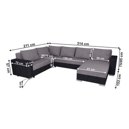 Polstret, universel, udfoldelig U-formet sofa YORK, grå/beige/brun