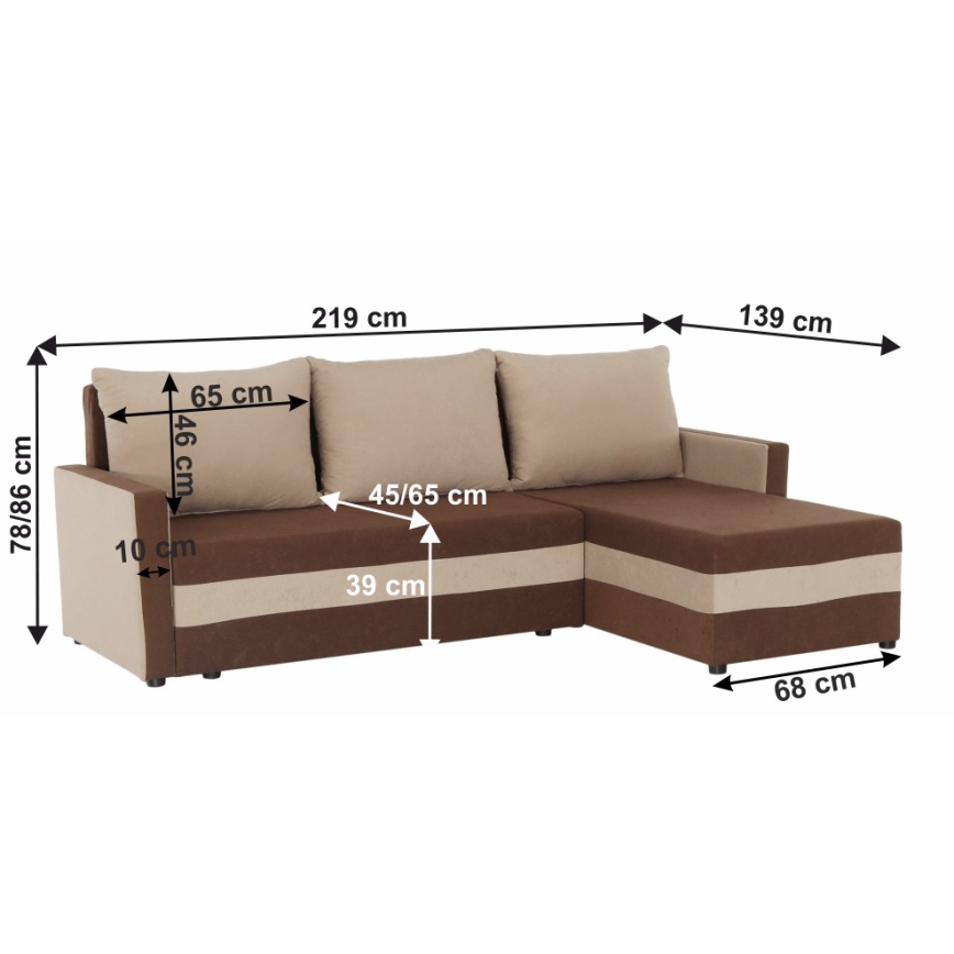 Polstret, vendbar L-formet sovesofa BRISTOL, brun/beige