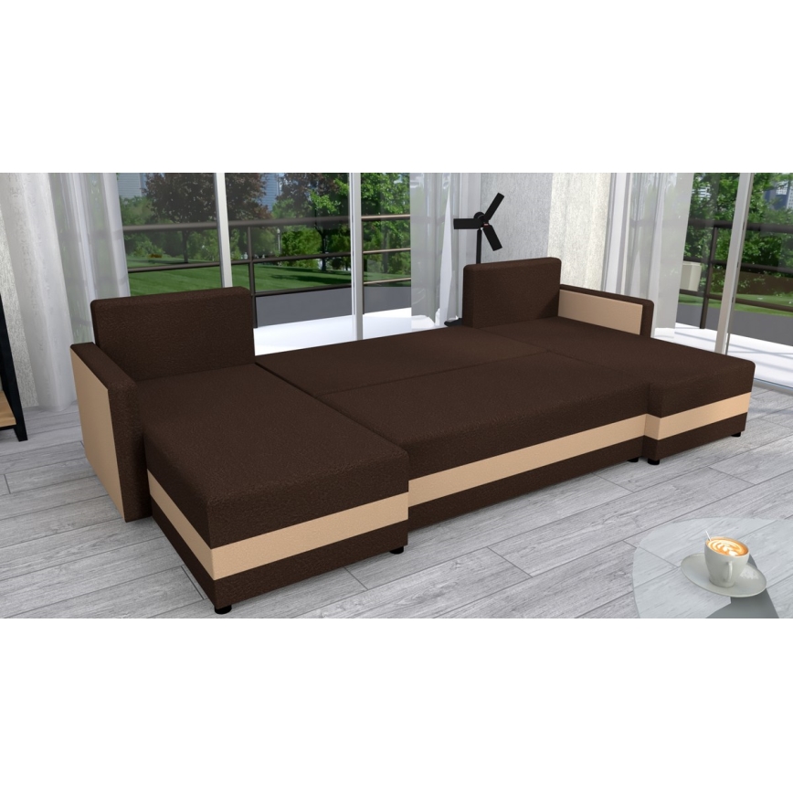 Polstret universel U-formet hjørnesofa med sovefunktion BRISTOL, brun/beige