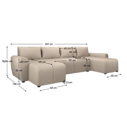 Polstret, vendbar og udtrækbar U-formet sofa NEWPORT, beige
