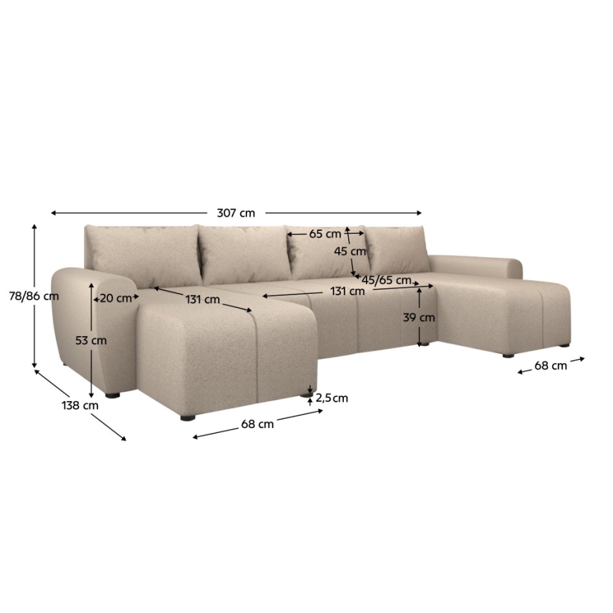 Polstret, vendbar og udtrækbar U-formet sofa NEWPORT, beige