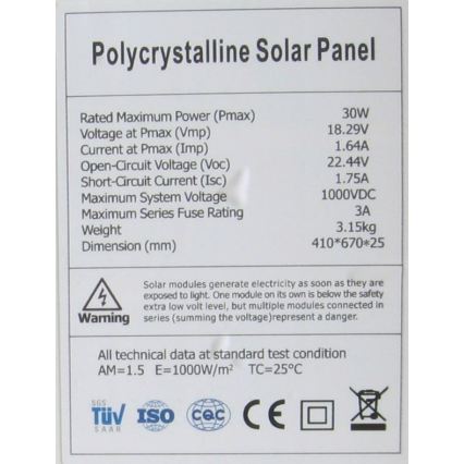 Polykrystallinsk fotovoltaisk solcellepanel 30W/12V